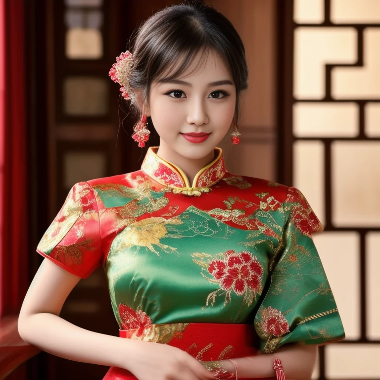 Asian woman Arav in red dress poses for photo, wearing a red Cheongsam, Cheongsam, Chinese dress, Chinese style, traditional chinese, Chinese woman, with ancient Chinese clothing, expensive silk, traditional chinese clothing, Chinese girl, Chinese dress, Gorgeous Chinese model, beautiful oriental woman, Chinese princess, สวมชุดCheongsamสีน้ำเงิน, Wearing a bright red dress 8k, 3-D, 45,000,000,000 pixels, Too realistic,