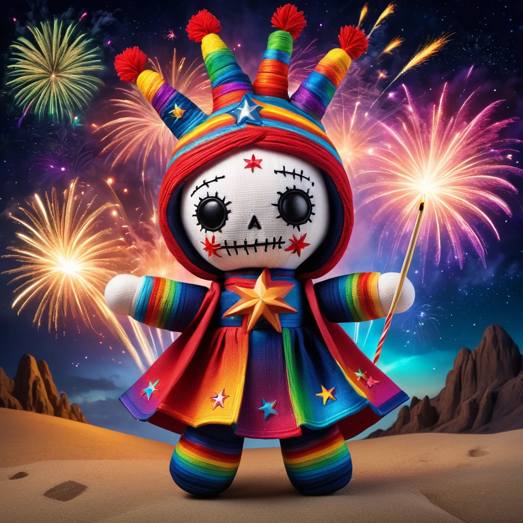 (knitted toy voodoo doll:1.6), (Voodoo Fireworks Wizard:1.3), (clothes Cape with drawings of fireworks and stars, glowing suit:1.0), (Magic wand with sparks, fireworks rockets:1.1) (against the background Night sky, illuminated by fireworks, rainbow flashes and glowing figures:1.3), best quality, masterpiece, detailed soft oil painting, detailed background, dramatic cinematic lighting, soft edge lighting, professional, dramatic lighting, hard edge lighting, ultra quality, 4k,masterpiece, best quality, 8k, ultra highres, highres, extremely detailed