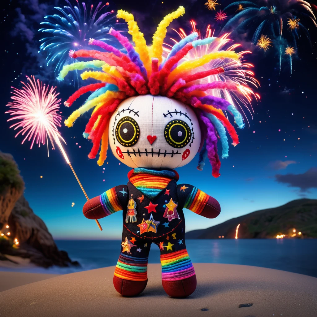 (knitted toy voodoo doll:1.6), (Voodoo Fireworks Wizard:1.3), (clothes Cape with drawings of fireworks and stars, glowing suit:1.0), (Magic wand with sparks, fireworks rockets:1.1) (against the background Night sky, illuminated by fireworks, rainbow flashes and glowing figures:1.3), best quality, masterpiece, detailed soft oil painting, detailed background, dramatic cinematic lighting, soft edge lighting, professional, dramatic lighting, hard edge lighting, ultra quality, 4k,masterpiece, best quality, 8k, ultra highres, highres, extremely detailed