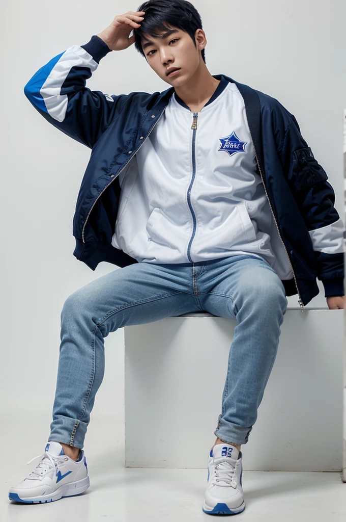 20 year old Korean man wearing a number 19 blue baseball bomber jacket, black jeans, blue air Jordan shoes, season photo, white background, cool style