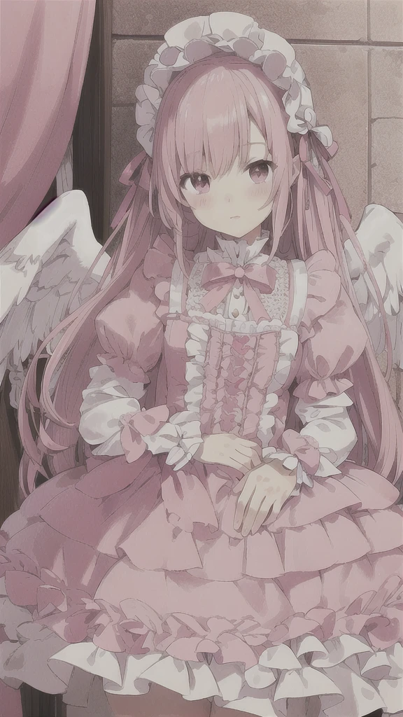 a cute lolita fashion girl, pink soft hair, white angel wings, delicate detailed facial features, beautiful detailed eyes, beautiful detailed lips, extremely detailed face, long eyelashes, intricate lace dress, ornate jewelry, (best quality,4k,8k,highres,masterpiece:1.2),ultra-detailed,(realistic,photorealistic,photo-realistic:1.37),professional, soft pastel colors, warm lighting, detailed background, beautiful scenery