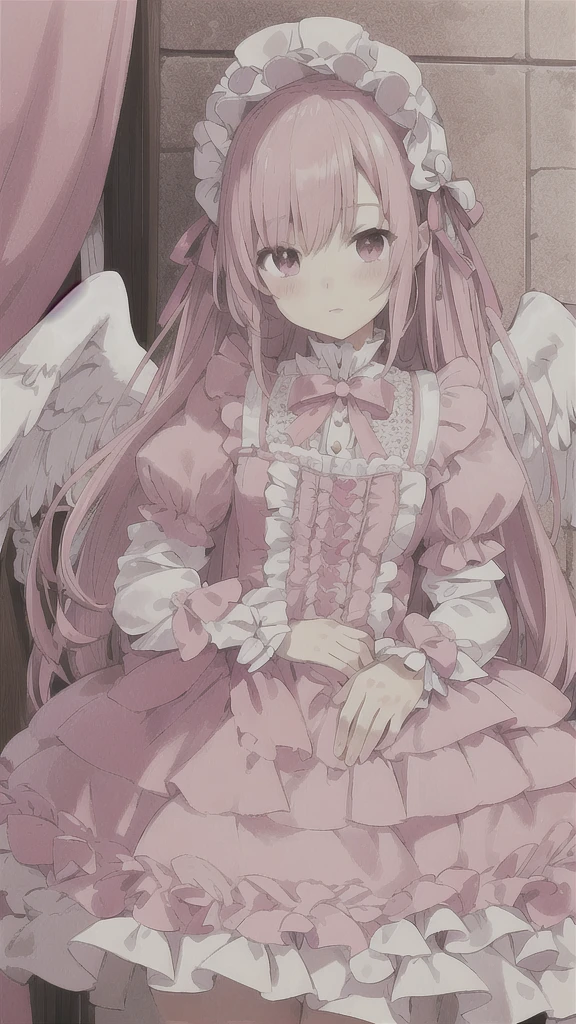 a cute ta fashion girl, pink soft hair, white angel wings, delicate detailed facial features, beautiful detailed eyes, beautiful detailed lips, extremely detailed face, long eyelashes, intricate lace dress, ornate jewelry, (best quality,4k,8k,highres,masterpiece:1.2),ultra-detailed,(realistic,photorealistic,photo-realistic:1.37),professional, soft pastel colors, warm lighting, detailed background, beautiful scenery