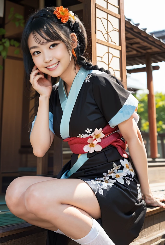 (8K、Raw photography、Highest quality、masterpiece:1.2),(Black Hair、Dark Eyes:1.9),(Flower pattern kimono:1.6)、View your audience,Viewed from the front,White skin,(Three braids:1.3)、(Tight waist:1.6)、(Clothes that accentuate the shape of the breasts:1.0)、(Big Breasts :1.3)、Slim figure、Ultra-high resolution,beautiful,beautiful fece,(One person、No background:1.9),whole bodyボディー,Japanese women,(reality的:1.37)、Photon Mapping,reality、(Baby-faced and cute: 1.4)、(Cute Smile: 1.8)、(Round face: 1.8)、Radio City、Physically Based Rendering、Depth of field rally background、photograph, (I can see your knees、Thigh close-up:1.8),(:1.6),whole body、Great quality