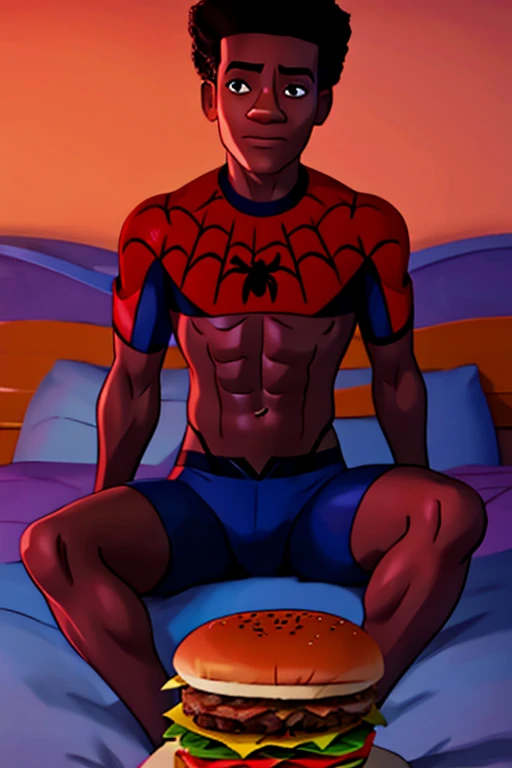 16 year old Miles Morales lies in his bed eating a burger and showing his abs,