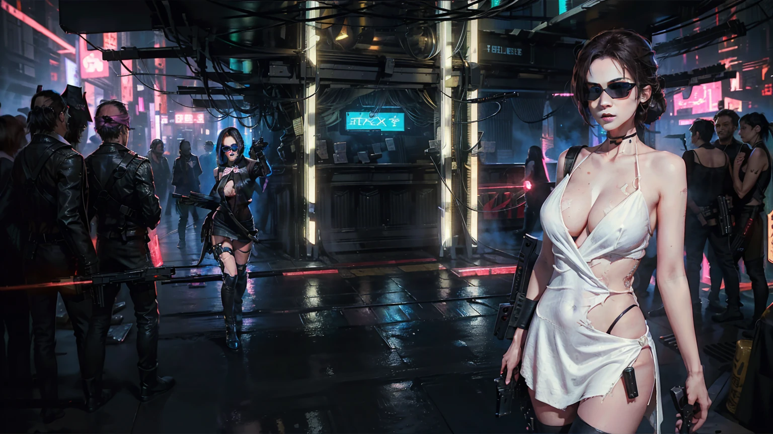 Close-up, a beautiful French woman, tattered clothes, wild long hair, tattered clothes , cleaveage, action movie scene, Dystopian Dinner Cinematic Blade Runner, natta, busy with neon signs, blade runner aesthetics, film cinematography, gangue trash, attractive person, High emphasis on detail, wearing weather technology equipment, gangue trash, full of life, gangue trash, action movie shot by Kon Satoshi, style semi impasto, dark ink, Atmospheric, Ablaze, lighting dramatic, Beautiful eyes, symmetric eyes, perfects eyes. Matrix style, (((Matrix cascading code))), (((a futuristic twin tower skyscraper with a unique twisted design))), (((OLED GUI interfaces in the building))), at night, (((((((1girl, alone, solo))))))), photo realistic, (((((((large-breast:1.2 slim body, cleavage:1.4))))))), (((((off broken mini sling-shirt and black sling bra, micro G-string:1.4 panty))))), (((running pose))), (((((((((matrix style black micro sunglasses))))))))), ((((((((((aiming with a short gun)))))))))), (((((looking at camera))))), (((very low view))), (((((half-body thigh level medium shot))))), (((cinematic lighting))).