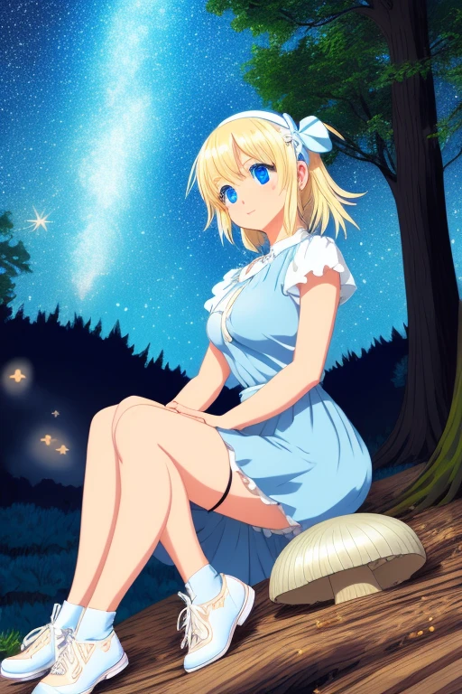 Big messy haired blonde anime woman with hairband, pale blue eyes, wearing blue dress with no sleeves, white stockings and little black shoes, sitting in the woods next to glowing mushroom surrounded by fireflies under the starry night sky 