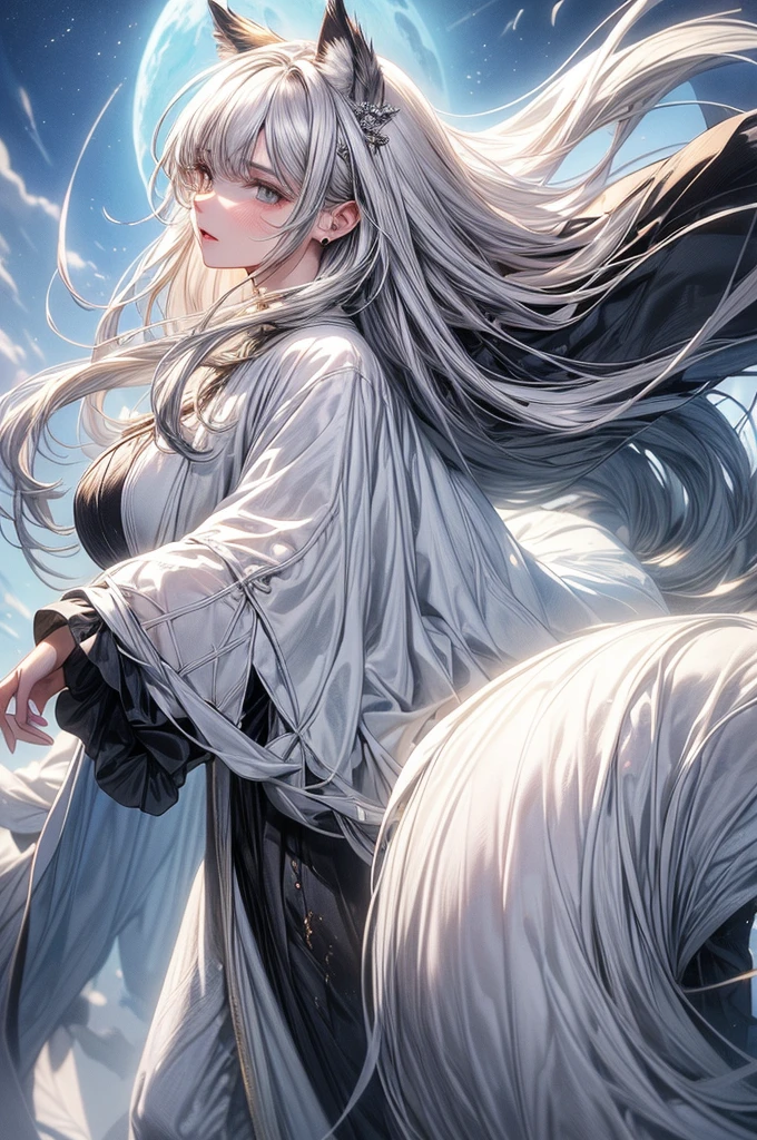 ((masterpiece, Highest quality)),Ultra-high resolution, (realism: 1.4),Best illustrations,Line art,Very condensed adult female,Delicate and beautiful features,Slit eyes,Sharp face,Very detailed white coat,Silver Hair,Wolf ears,Big tail,Fantasy,Roaring against the backdrop of the full moon and wilderness,Roaring Woman,Double teeth,wide aperture,Unreal 5,Scattered beneath the surface,Anatomically correct,Low angle full body shot