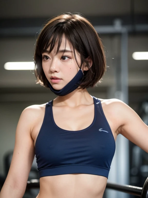 ((top-quality, masterpiece, extremely Realistic)), 1girl in, Facing the front, light brown hair, Short bob hair, dark blue sports bra, in 8K, 85 mm, Raw photo, medium shot, Perfect dynamic composition, Bokeh background, fitness gym, half naked, short length, slim fit, wearing dark blue mask,