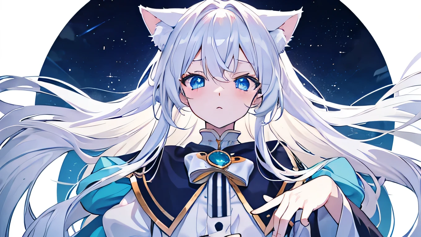 （Highest quality）（Pay attention to detail）（Watch your hands）Anime Girl，cute，grace，White long hair，Blue Eyes，Cat ear，Shy expression，shy
