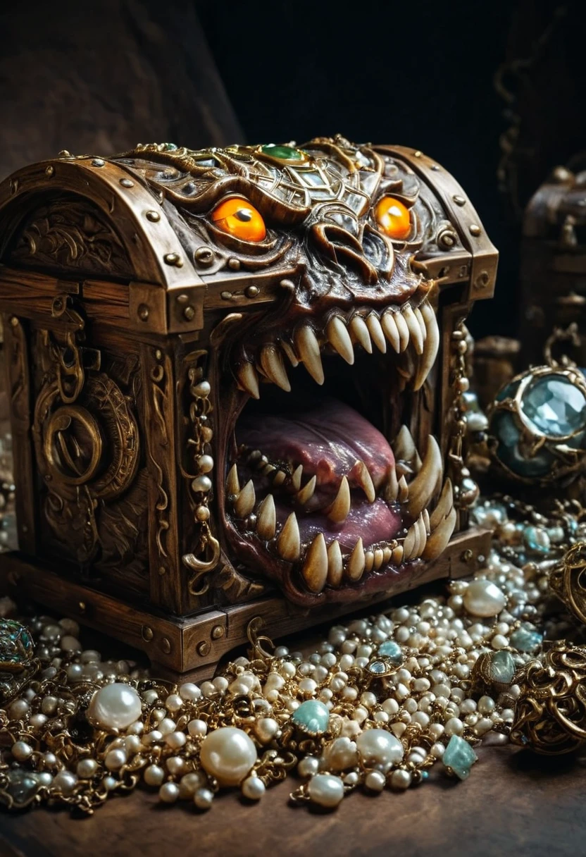 Mimic，Treasure Box Monster，Weird tongue and nasty teeth. Scattered jewelry, cinematic still, emotional, vignette, dynamic, vivid, (masterpiece, best quality, Professional, perfect composition, very aesthetic, absurdres, ultra-detailed, intricate details:1.3)