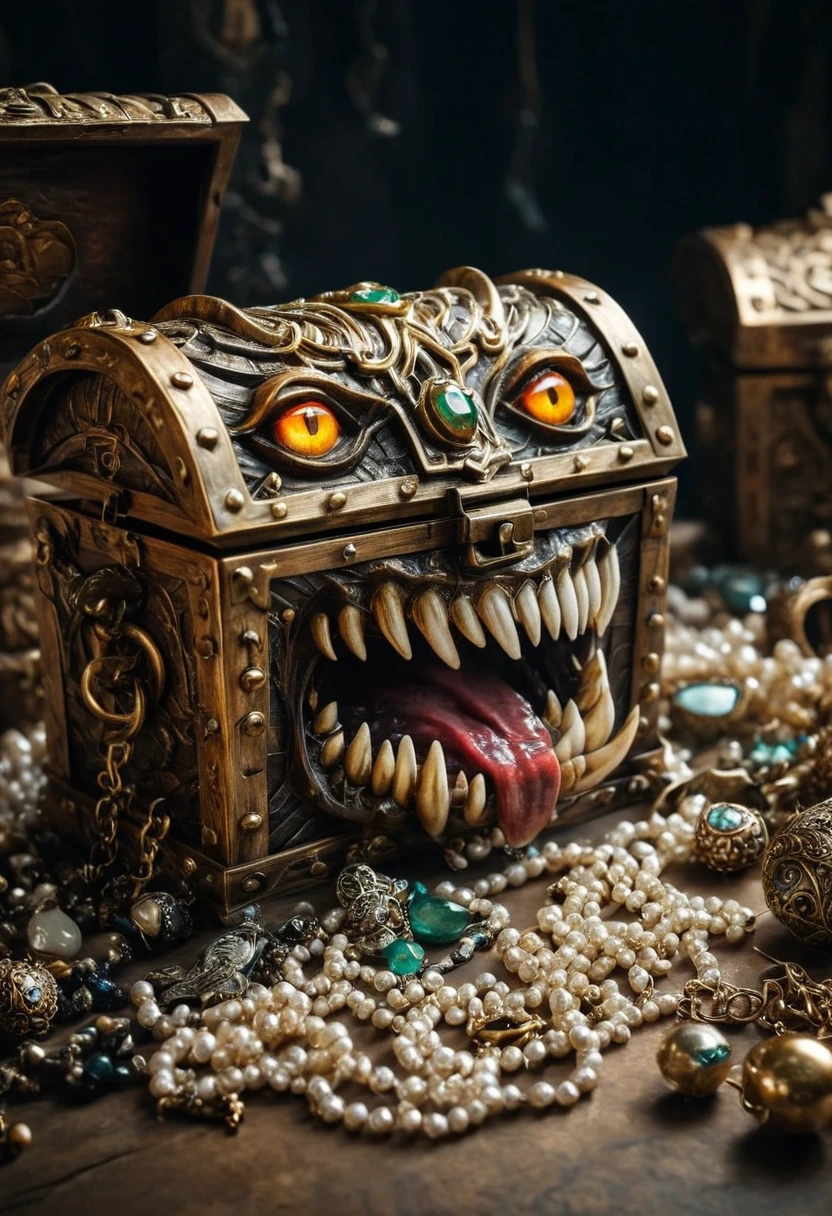 Mimic，Treasure Box Monster，Weird tongue and nasty teeth. Scattered jewelry, cinematic still, emotional, vignette, dynamic, vivid, (masterpiece, best quality, Professional, perfect composition, very aesthetic, absurdres, ultra-detailed, intricate details:1.3)