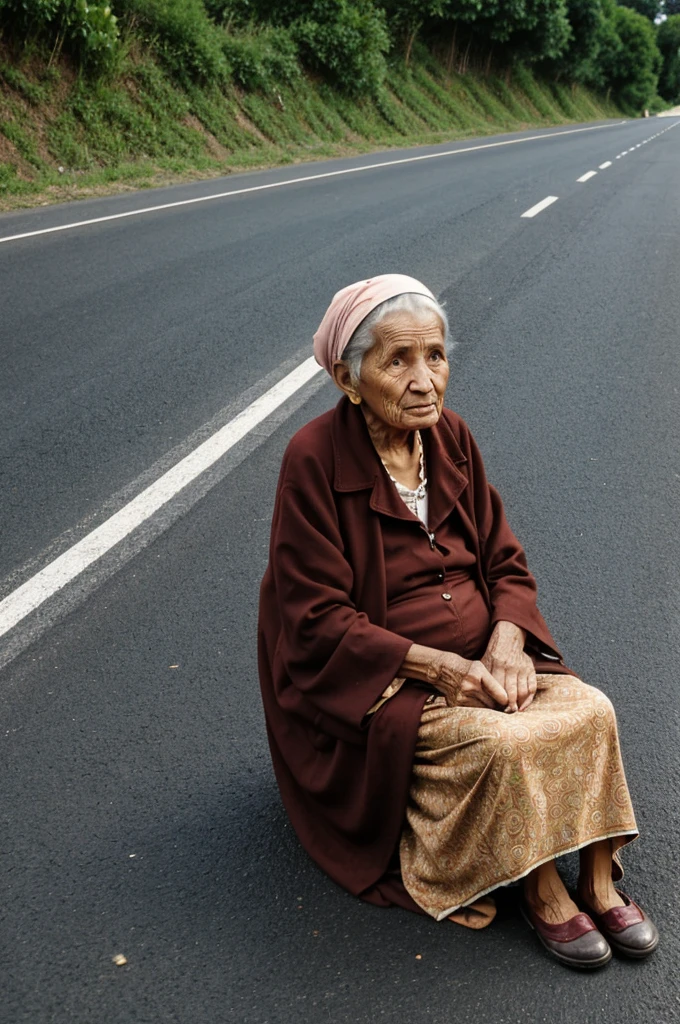 A poor old lady is begging on the road