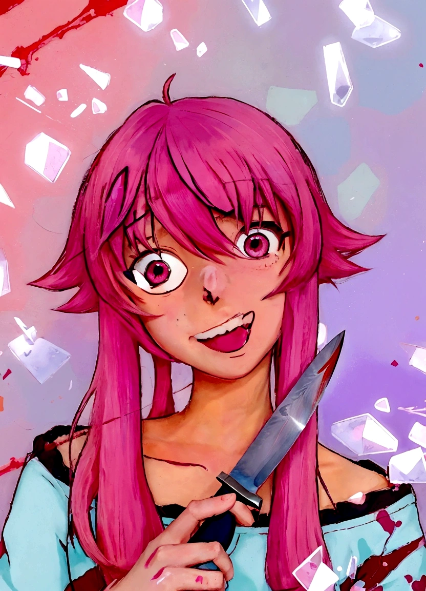 anime girl with pink hair holding a knife in her hand, Gapmoe Yandere, [[[[smiling evilly]]]], in anime style, in an anime style, Mirai Nikki, anime moe art style, with pink hair, trigger anime art style, Gasai Yuno, Gasai Yuno, By Shingei, Animated art style