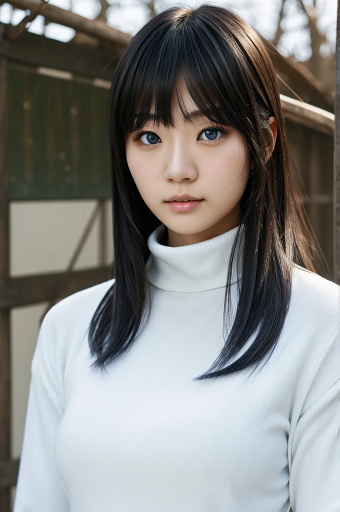 Japanese girl, blue eyes, long hair with fringe and white turtleneck shirt
