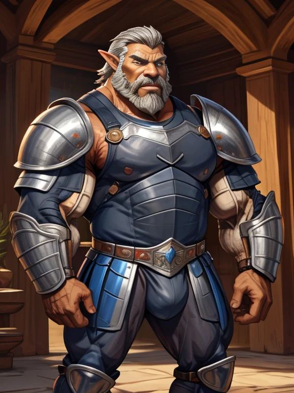 burly virile hairy elf, in a suit of armor, a himbo muscle daddy, middle-aged , hirsute, overmuscular and musclebound, bulging veiny muscles, a warrior's build, a bodybuilder's physique, long bushy and a thick mustache, a square jaw, handsome and dreamy, grey hair, a knight clad in full armor