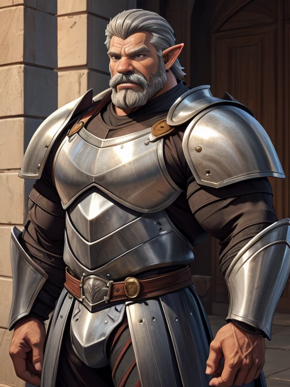 burly virile hairy elf, in a suit of armor, a himbo muscle daddy, middle-aged dilf, hirsute, overmuscular and musclebound, bulging veiny muscles, a warrior's build, a bodybuilder's physique, long bushy and a thick mustache, a square jaw, handsome and dreamy, grey hair, a knight clad in full armor