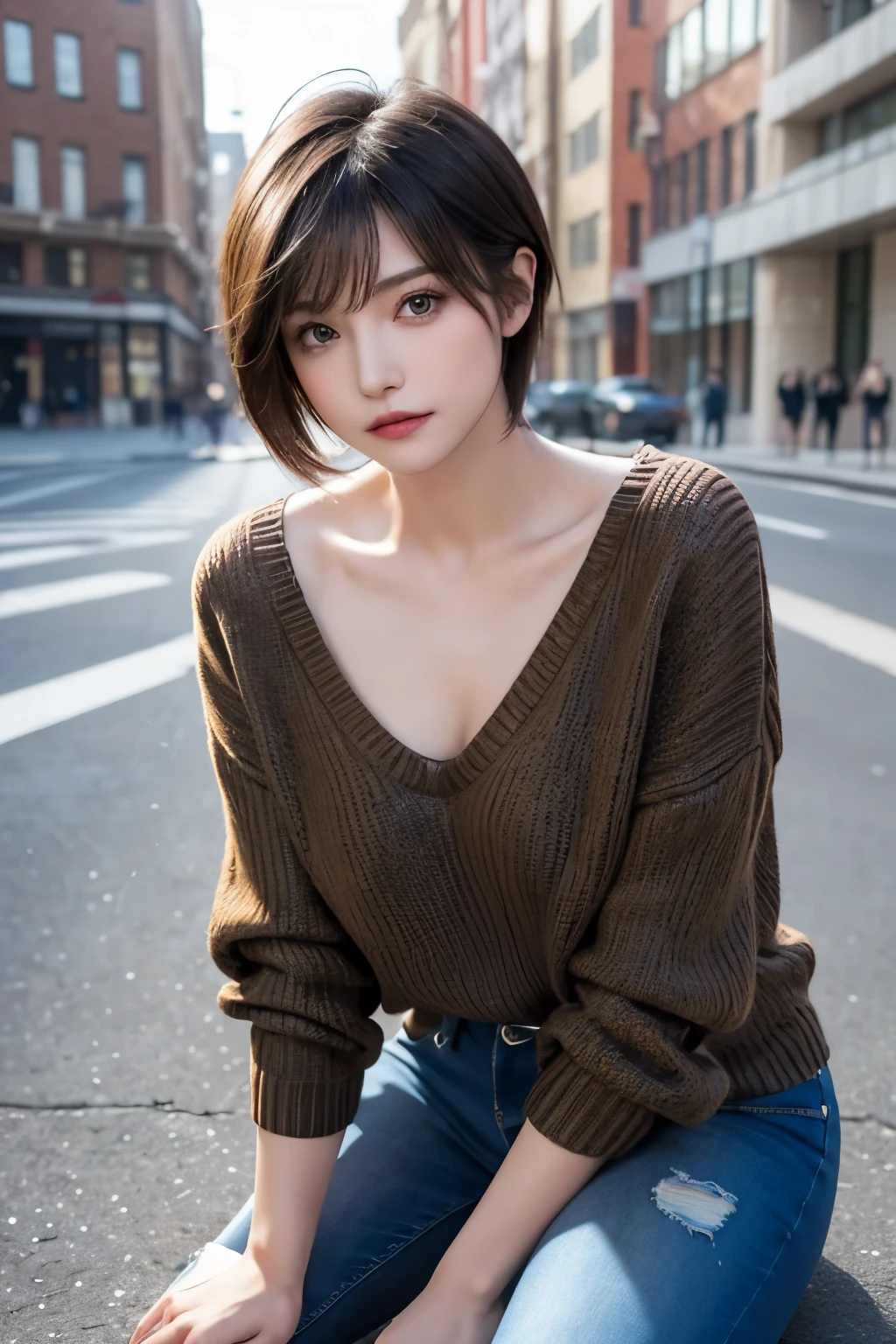 best quality, super fine, 16k, incredibly absurdres, extremely detailed, 2.5D, delicate and dynamic, cool and beautiful woman, light brown short hair, captivating look, aroused expression, superlative body proportion, wearing black V-neck sweater and tattered jeans, cool Pose, background sitting on the ground