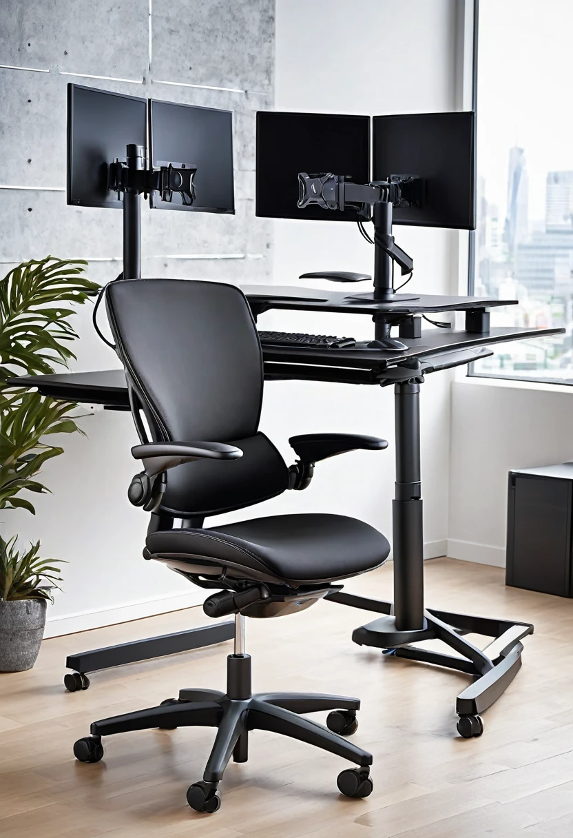 An ergonomic piece of furniture with adjustable chair, height-adjustable desk, articulated arm-type monitor mount above the user's head, retractable keyboard and mouse trays, integrated PC case with cable management, designed for comfort and efficiency in long workstations .