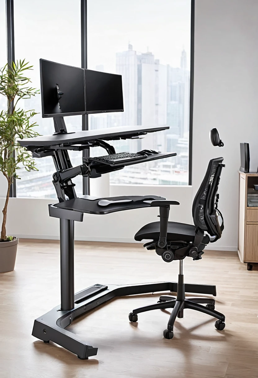 An ergonomic piece of furniture with adjustable chair, height-adjustable desk, articulated arm-type monitor mount above the user's head, retractable keyboard and mouse trays, integrated PC case with cable management, designed for comfort and efficiency in long workstations .