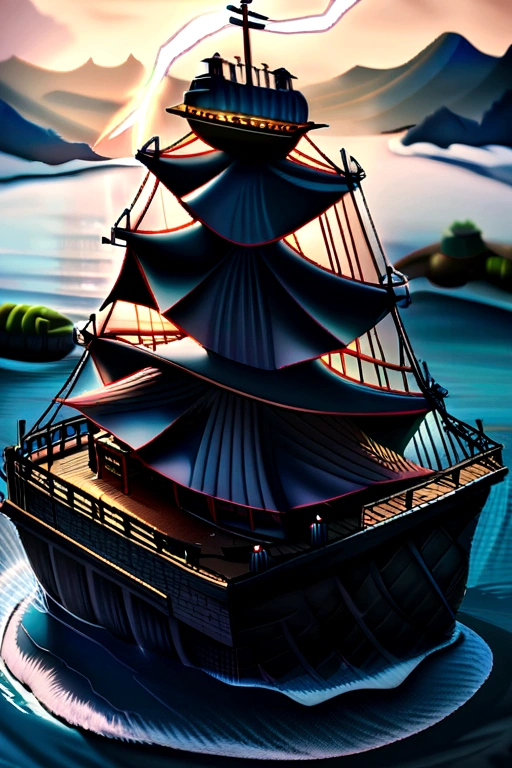 maximum sharp focus,ultra high quality, ultra realistic,ultra high resolution,ultra detailed,intricate details,64K UHD,octane renderings,cinematic shot,depth of field,night time , arial view above air upon a colossal-size giant skeleton wearing pirates outfits towering over a few classic big pirate ship , as it walks through the sea , eerie vibes , raining , lightning, windy