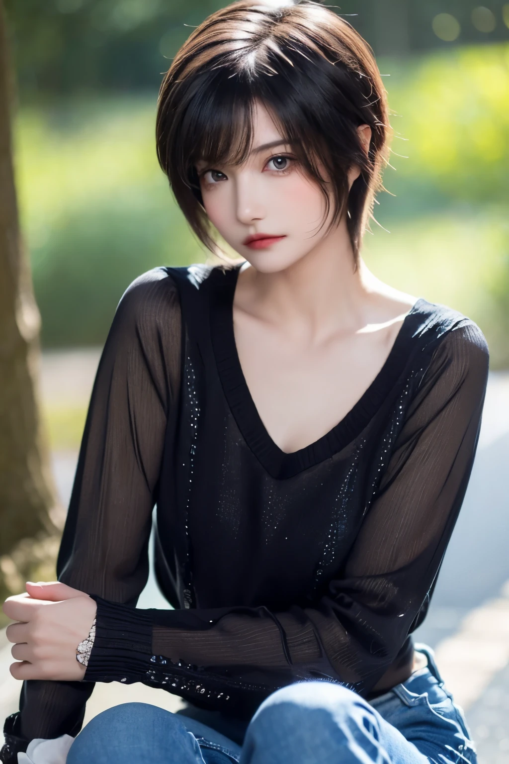 best quality, super fine, 16k, incredibly absurdres, extremely detailed, 2.5D, delicate and dynamic, cool and beautiful woman, light brown short hair, captivating look, aroused expression, superlative body proportion, wearing black V-neck sweater and tattered jeans, cool Pose, background sitting on the ground