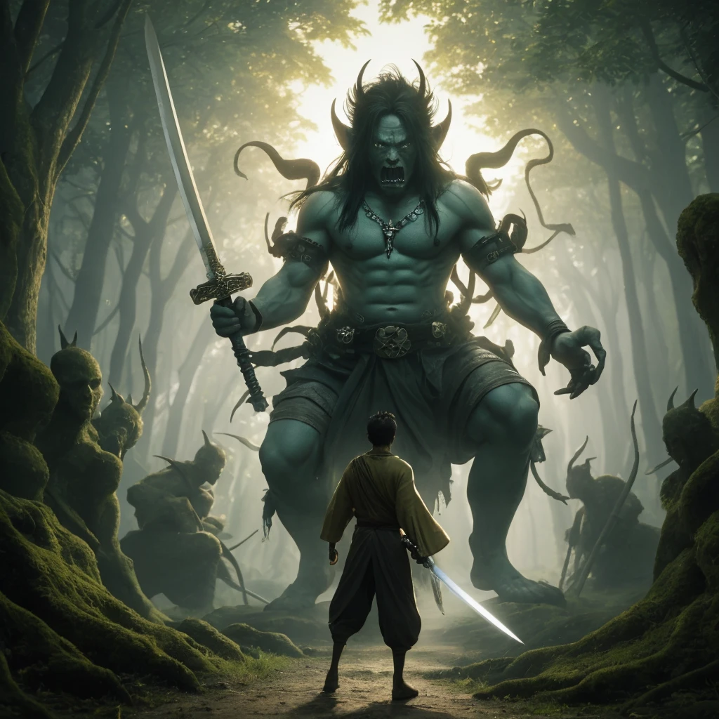 A young man is lying on a hill in the forest with his arms spread out, the young man is wearing a long cloak and a hat on his head.
Above him stood a terrible jinn, the jinn had a stick in his hand.
Jinn's skin color is blue, fire is coming out of his eyes.
He had big eyes, body touching the sky.
The jinn looked at the young man and spoke.