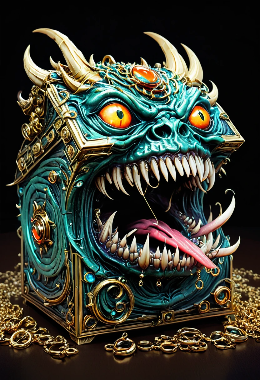 Mimic,Treasure Box Monster,Weird tongue and nasty teeth. Scattered jewelry, by Tang Yau Hoong, best quality, masterpiece, very aesthetic, perfect composition, intricate details, ultra-detailed