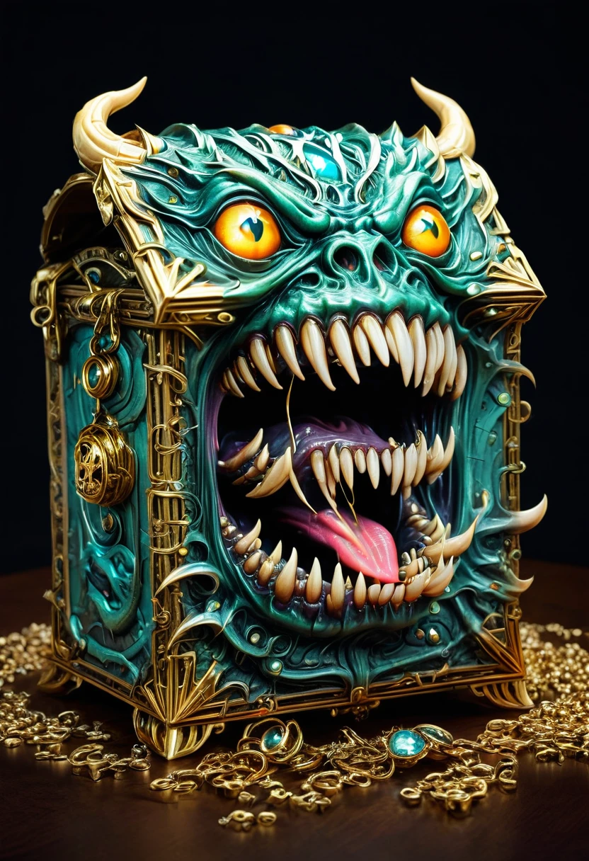 Mimic,Treasure Box Monster,Weird tongue and nasty teeth. Scattered jewelry, by Tang Yau Hoong, best quality, masterpiece, very aesthetic, perfect composition, intricate details, ultra-detailed