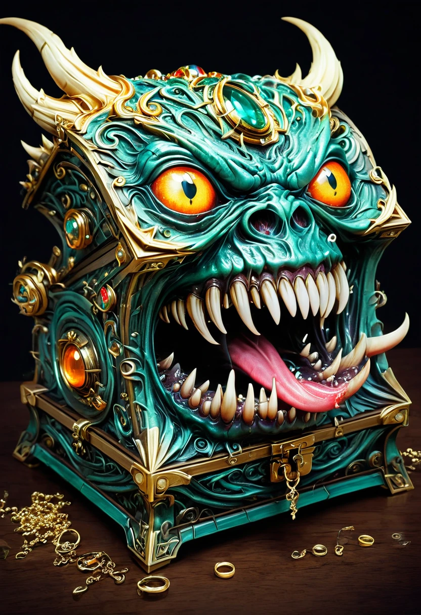 Mimic,Treasure Box Monster,Weird tongue and nasty teeth. Scattered jewelry, by Tang Yau Hoong, best quality, masterpiece, very aesthetic, perfect composition, intricate details, ultra-detailed