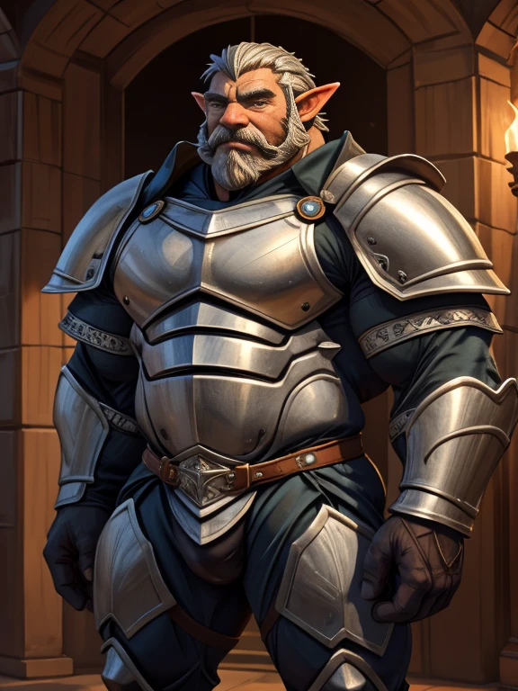 burly virile hairy elf, in a suit of armor, a himbo muscle daddy, middle-aged dilf, hirsute, overmuscular and musclebound, bulging veiny muscles, a warrior's build, a bodybuilder's physique, long bushy and a thick mustache, a square jaw, handsome and dreamy, grey hair, a knight clad in full armor
