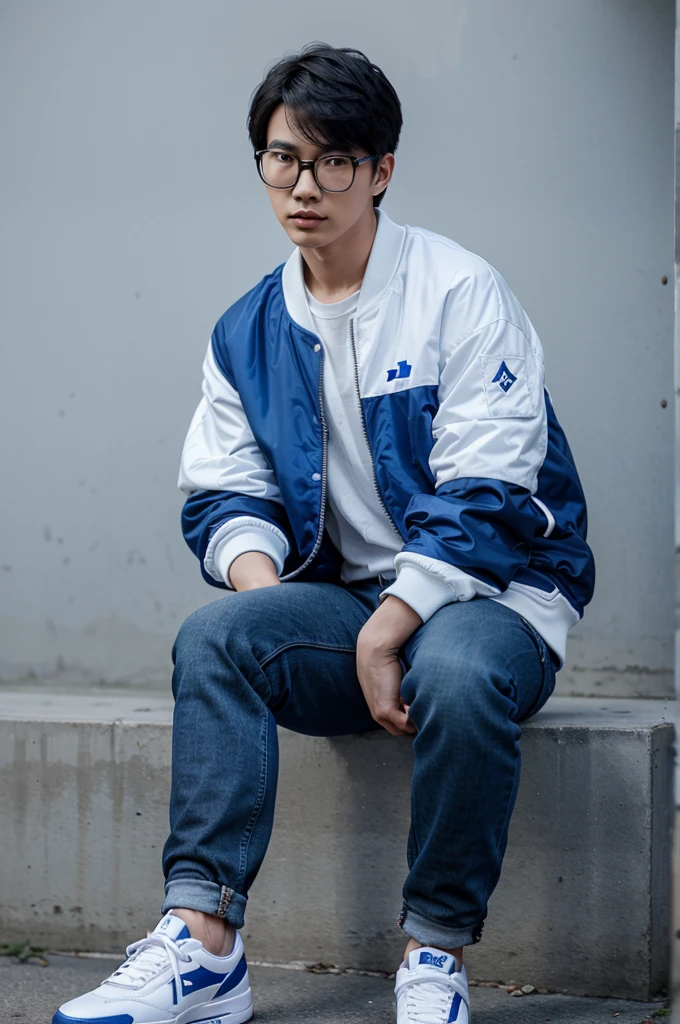 20 year old Korean man wearing blue baseball bomber jacket number 19 black jeans Jordan shoes blue air season photo white background cool style wearing blue glasses