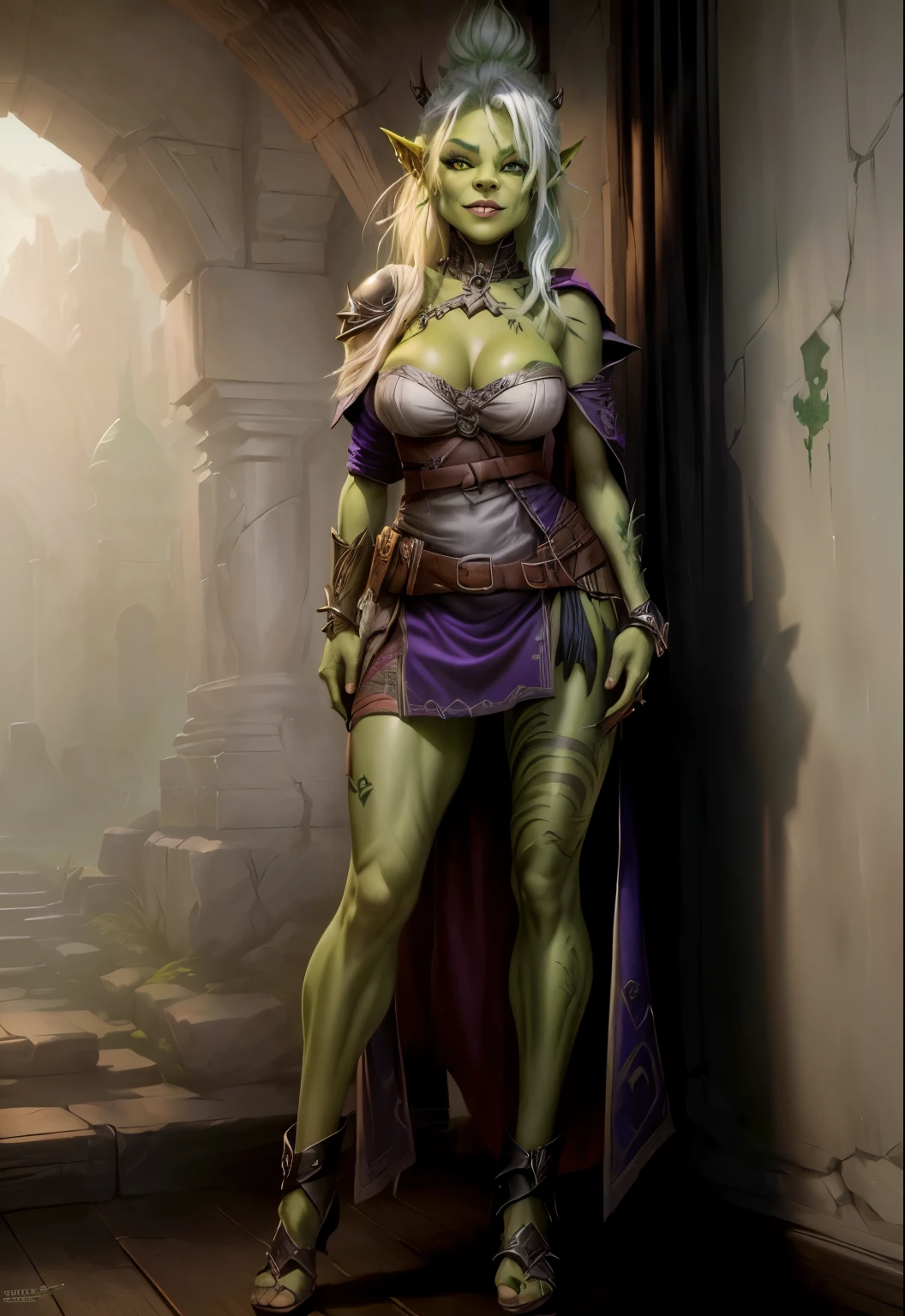 a cartoon of a woman with a green face anD white hair, goblin girl DnD character, goblin female portrait, green skin, Drak fantasy goblin, green orc woman, goblin art, D&D goblin rogue, full color illustration, Dжули Белл Бипл, orc themeD, female orc, goblin, epic full color illustration, from pathfinDer, full art illustration