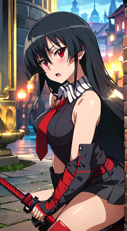 ((Masterpiece, Best Quality, high resolution, UHD, pixel perfect, depth of field, 4k, RTX, HDR)), 1 girl, Single, Alone, beautiful anime girl, beautiful artistic style, cartoon character, akame, style akame ga kill!, black collared shirt, red necktie, Sleeveless, skirt ((wide, hits, Shiny black hair,)), (Red eyes:1.4, rounded eyes, Beautiful eyelashes, realistic eyes), (detailed face, blush:1.2), (smooth texture:0.75, realistic texture:0.65, photorealistic:1.1, cg anime style), big breasts, (dynamic pose, to throw, close up, looking at the viewer), perfect body, round butt, black choker, ((black miniskirt:1.5)), Open mouth, Holding a katana, next to a water fountain.