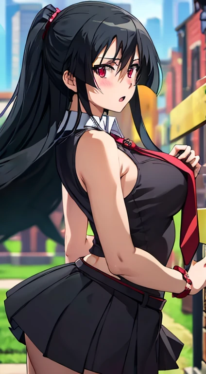 ((Masterpiece, Best Quality, high resolution, UHD, pixel perfect, depth of field, 4k, RTX, HDR)), 1 girl, Single, Alone, beautiful anime girl, beautiful artistic style, cartoon character, akame, style akame ga kill!, black collared shirt, red necktie, Sleeveless, skirt ((wide, hits, Shiny black hair,)), (Red eyes:1.4, rounded eyes, Beautiful eyelashes, realistic eyes), (detailed face, blush:1.2), (smooth texture:0.75, realistic texture:0.65, photorealistic:1.1, cg anime style), big breasts, (dynamic pose, to throw, close up, looking at the viewer), perfect body, round butt, black choker, ((black miniskirt:1.5)), Open mouth, Holding a katana, next to a water fountain.