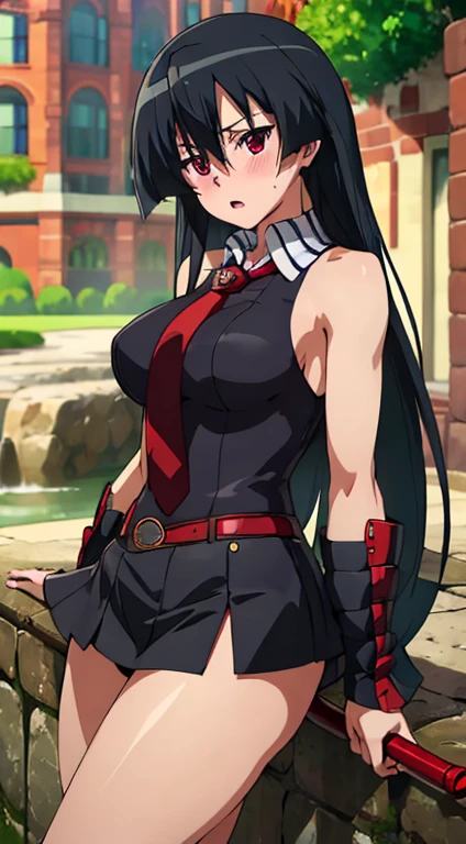 ((Masterpiece, Best Quality, high resolution, UHD, pixel perfect, depth of field, 4k, RTX, HDR)), 1 girl, Single, Alone, beautiful anime girl, beautiful artistic style, cartoon character, akame, style akame ga kill!, black collared shirt, red necktie, Sleeveless, skirt ((wide, hits, Shiny black hair,)), (Red eyes:1.4, rounded eyes, Beautiful eyelashes, realistic eyes), (detailed face, blush:1.2), (smooth texture:0.75, realistic texture:0.65, photorealistic:1.1, cg anime style), big breasts, (dynamic pose, to throw, close up, looking at the viewer), perfect body, round butt, black choker, ((black miniskirt:1.5)), Open mouth, Holding a katana, next to a water fountain.