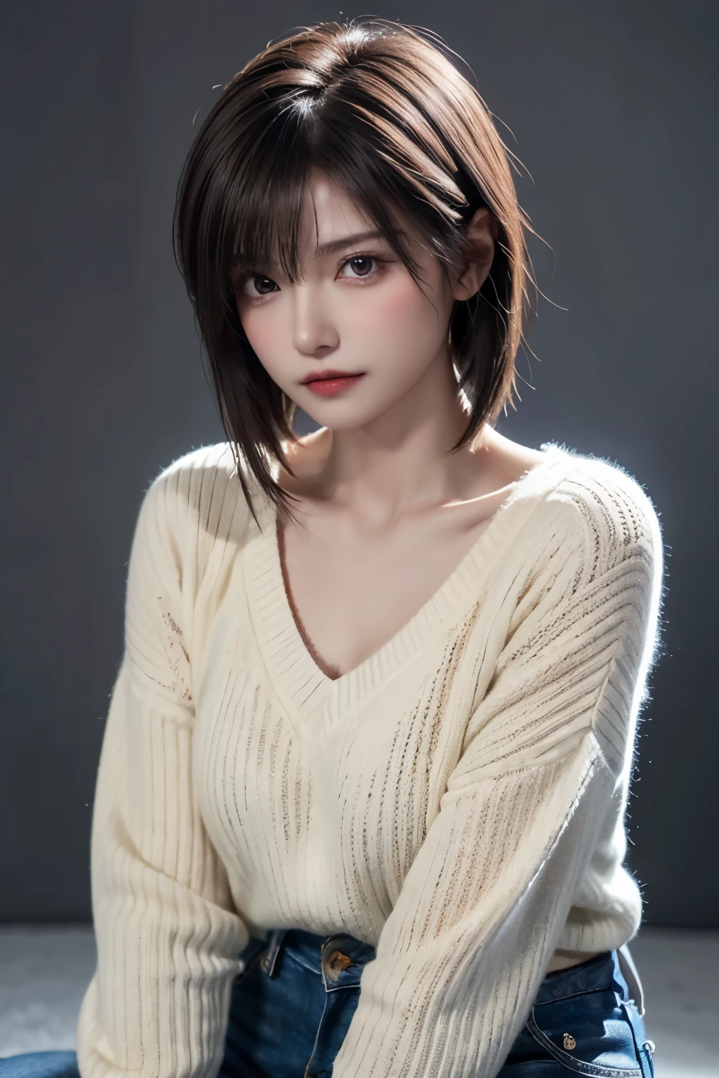best quality, super fine, 16k, incredibly absurdres, extremely detailed, 2.5D, delicate and dynamic, cool and beautiful woman, light brown short hair, captivating look, aroused expression, superlative body proportion, wearing black V-neck sweater and tattered jeans, cool Pose, background sitting on the ground