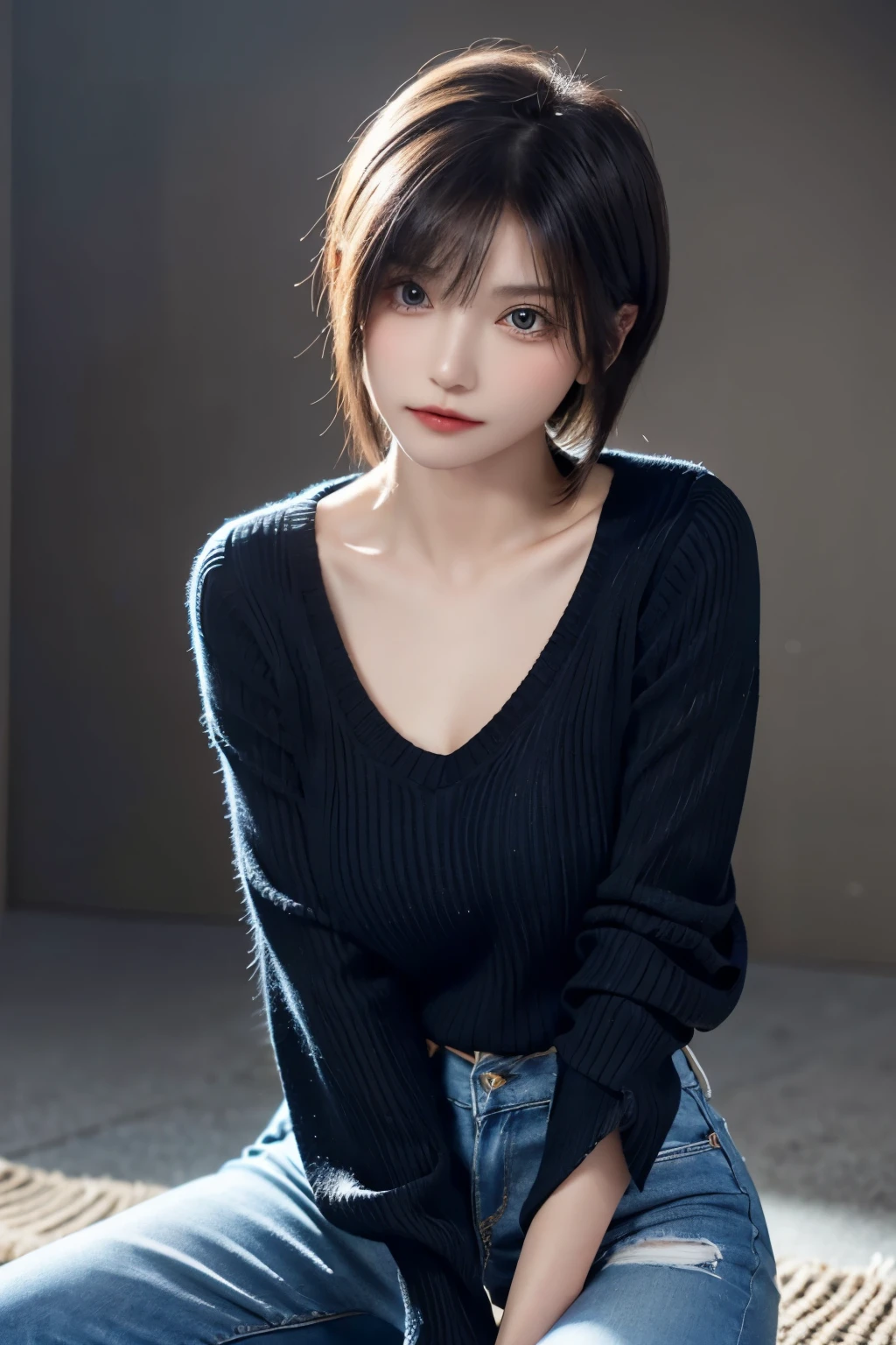 A woman sitting on a bed wearing a black sweater and jeans - SeaArt AI
