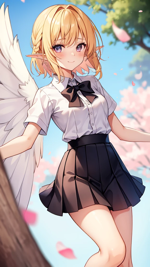 1girl,20s,happy,white shirt,black standard tie,short sleeves,white school skirt,short hair,blonde hair,pointy ears,((harpy,harpy wings)),cherry_blossoms((blurry)), blurry_foreground, depth_of_field, blurry_background, petals, smile, solo, spring_\(season\), branch, looking_at_viewer, blush, falling_petals, pink_flower, motion_blur, wind, outdoors, flower