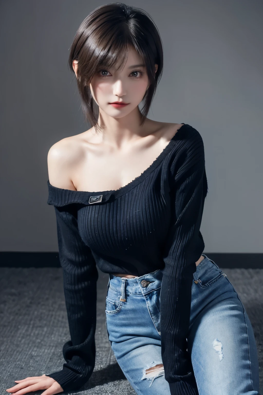 best quality, super fine, 16k, incredibly absurdres, extremely detailed, 2.5D, delicate and dynamic, cool and beautiful woman, light brown short hair, captivating look, aroused expression, superlative body proportion, wearing black V-neck sweater and tattered jeans, cool Pose, background sitting on the ground