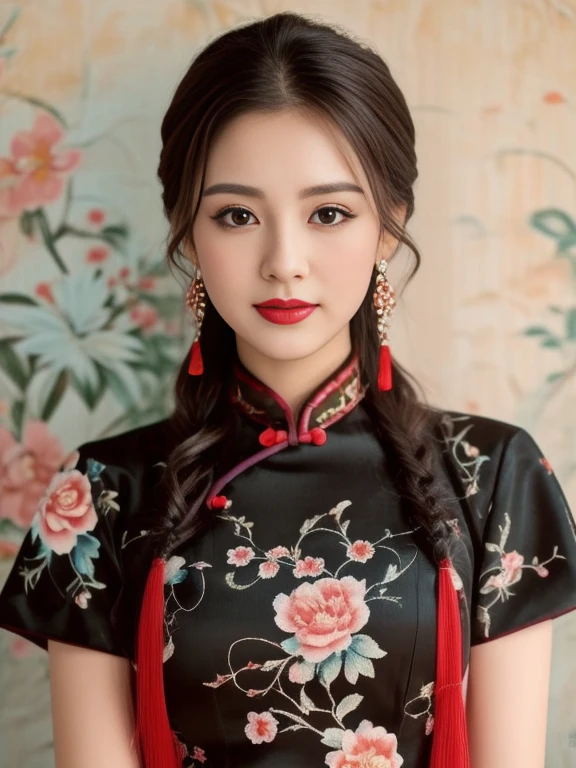 Asian woman Arav in red dress poses for photo, wearing a red Cheongsam, Cheongsam, Chinese dress, Chinese style, traditional chinese, Chinese woman, with ancient Chinese clothing, expensive silk, traditional chinese clothing, Chinese girl, Chinese dress, Gorgeous Chinese model, beautiful oriental woman, Chinese princess, สวมชุดCheongsamสีน้ำเงิน, Wearing a bright red dress 8k, 3-D, 45,000,000,000 pixels, Too realistic,