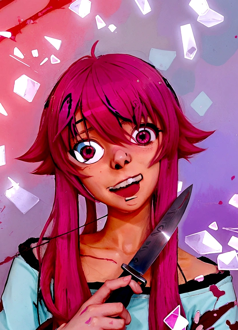 anime girl with pink hair holding a knife in her hand, Gapmoe Yandere, [[[[smiling evilly]]]], in anime style, in an anime style, Mirai Nikki, anime moe art style, with pink hair, trigger anime art style, Gasai Yuno, Gasai Yuno, By Shingei, Animated art style