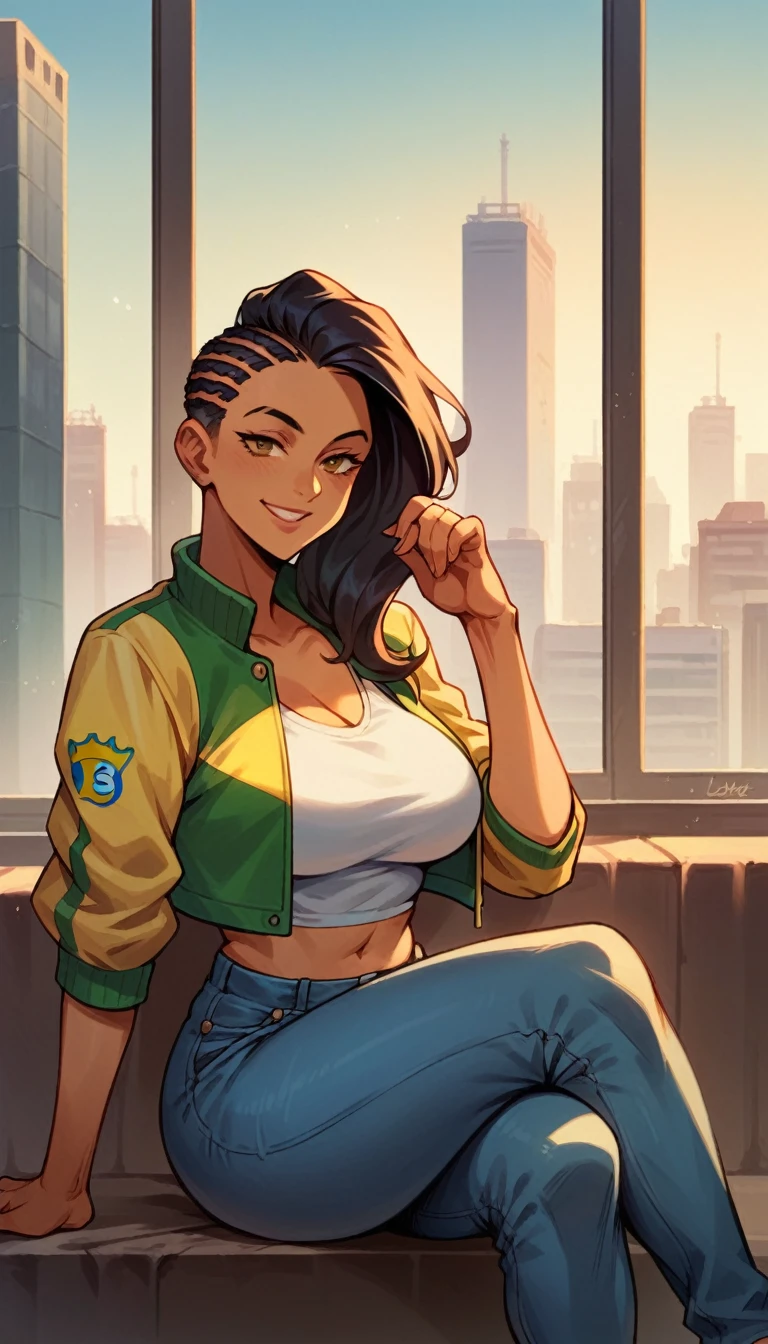 laura matsuda, mature, brown skin, white cropped, brazil jacket, jeans, sit, crossed legs, smile, morning, city