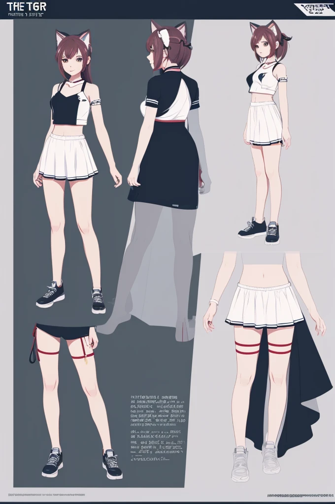 game character,girl,16 age,standing girl,three view drawing, front and back and side,character sheet,full body,simple background,cat ear,