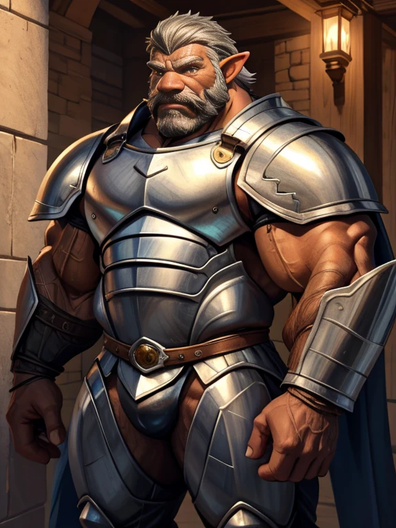 burly virile hairy elf, in a suit of armor, a himbo muscle daddy, middle-aged dilf, hirsute, overmuscular and musclebound, bulging veiny muscles, a warrior's build, a bodybuilder's physique, long bushy and a thick mustache, a square jaw, handsome and dreamy, grey hair, a knight clad in full armor
