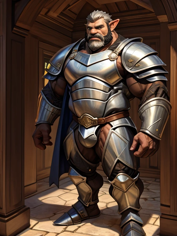 burly virile hairy elf, in a suit of armor, a himbo muscle daddy, middle-aged dilf, hirsute, overmuscular and musclebound, bulging veiny muscles, a warrior's build, a bodybuilder's physique, long bushy and a thick mustache, a square jaw, handsome and dreamy, grey hair, a knight clad in full armor