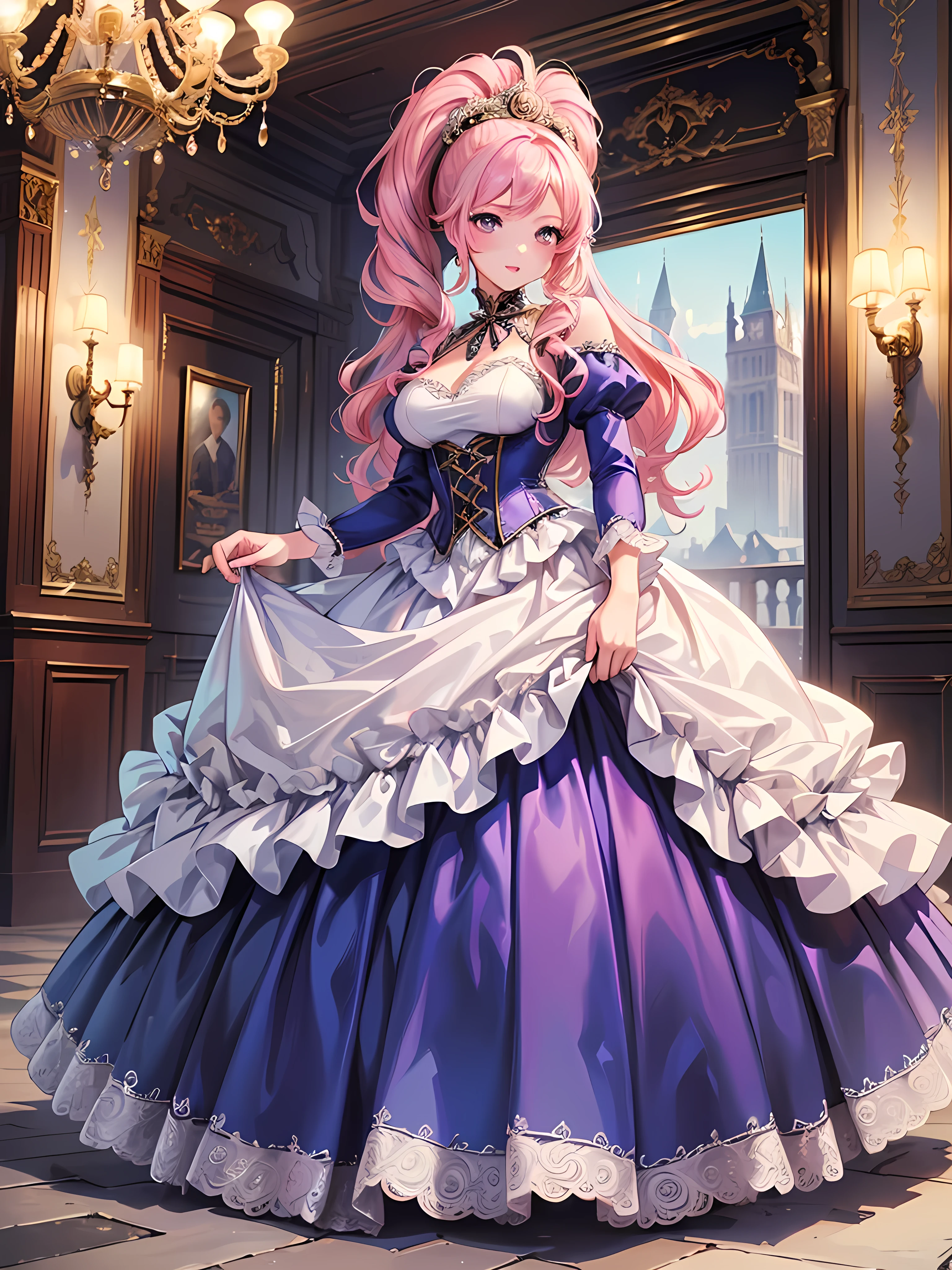 ((Moe anime art style:1.1)), (((masterpiece))), (((Highest quality))), (((Ultra-high resolution))), (((8K))), (((Very detailed))), solo girl, ((full body)), (((Super Definition and Beautiful Face, Beautiful Lips))), (((Pink Hair, Fluffy ponytail, Curly Hair, Expressive hair, very voluminous long hair))), ((Deep purple taffeta material)), ((Dense lace, Long train, Lots of frills)), (((Full-length crinoline hoop skirt, Beautiful and luxurious Rococo Victorian ball gown dress))), 