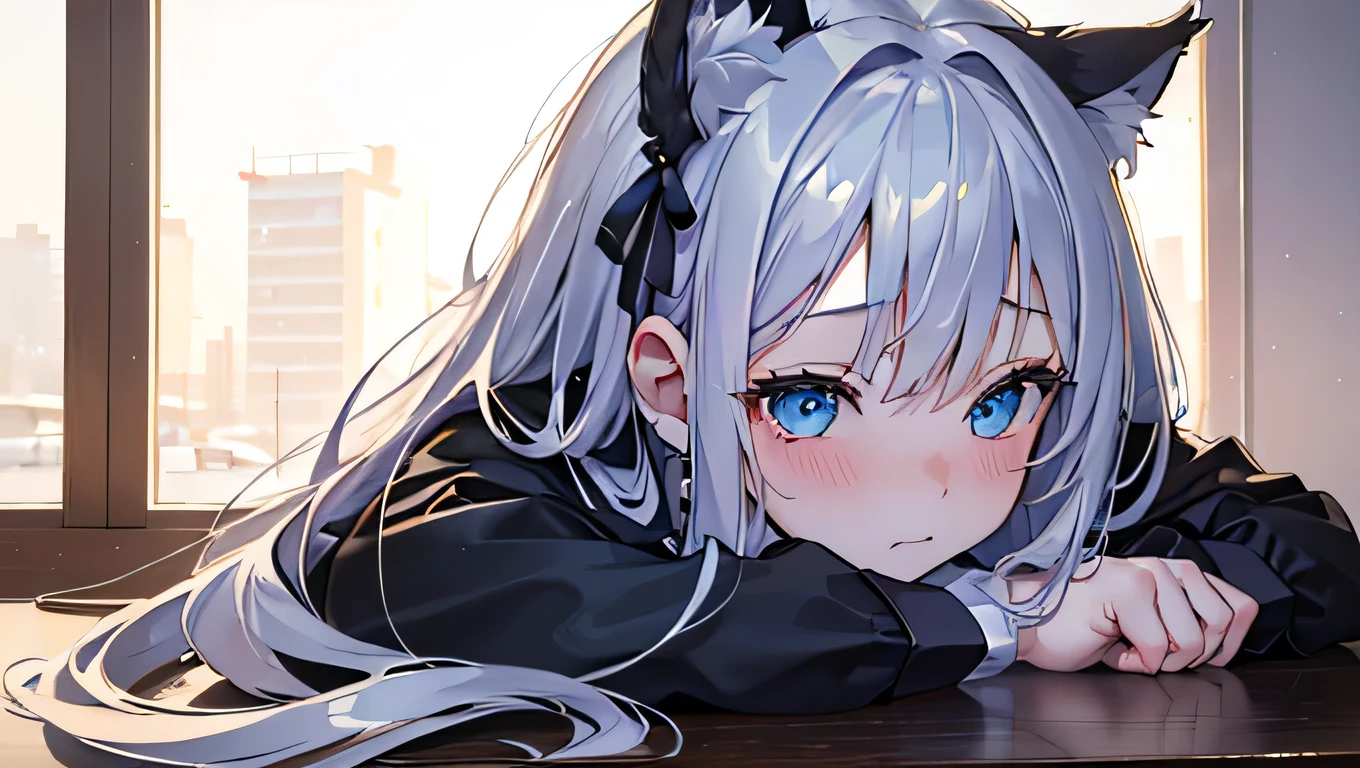 (best quality,4k,8k,highres,masterpiece:1.2),ultra-detailed,(realistic,photorealistic,photo-realistic:1.37),1girl,cute,elegant,white long hair,blue eyes,cat ears,shy expression,blushing