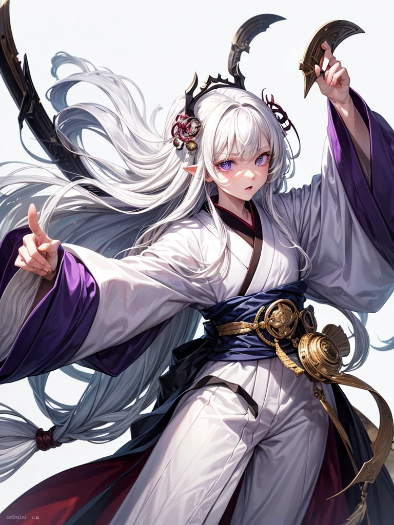 ((masterpiece)), (((best quality))), (character design sheet, same character, front, side, back), Illustration, 1 boy, ager, long hair, white hair color, bangs, hairstyle fax, albino, purple eyes, beautiful eyes, cute face, environment change, flute, hairstyle fax, pose kotai, feminine boy, kimono, demon slayer uniform, snow, charturnbetalora, (simple background, white background: 1.3)