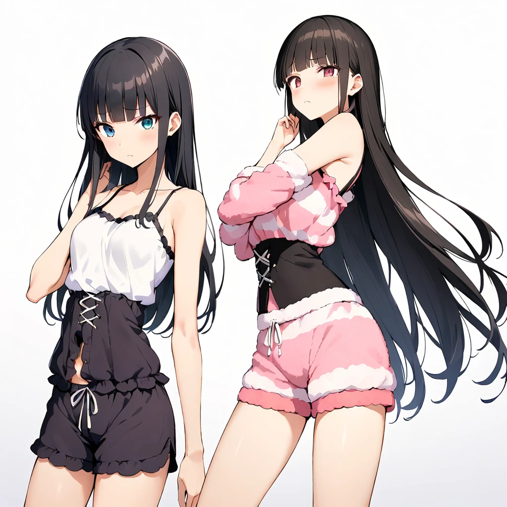16k works,Highest quality,18-year-old,No background.White background only,whole body、Kneel,Dynamic and sexy pose, One person, Beautiful Face,, Symmetrical eyes, Perfect body, Good balance、 Perfect body、、Japanese,Black Hair,Long Hair,Blunt bangs,Embarrassed look,((skinny:1.3,Ideal body proportions:1.4,Medium chest)),(((Loungewear:1.5,Underbust:1.3,camisole、Shorts))),