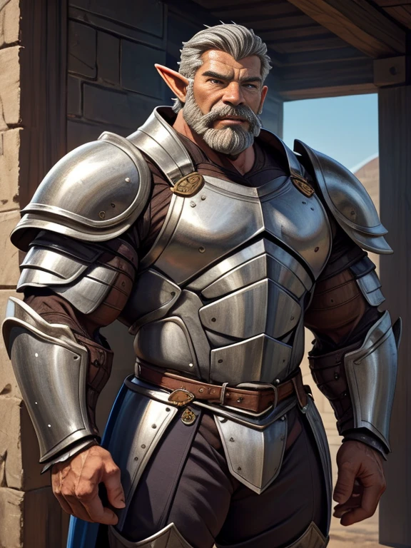 burly virile hairy elf, in a suit of armor, a himbo muscle daddy, middle-aged dilf, hirsute, overmuscular and musclebound, bulging veiny muscles, a warrior's build, a bodybuilder's physique, long bushy and a thick mustache, a square jaw, handsome and dreamy, grey hair, a knight clad in full armor
